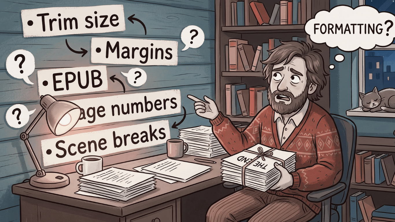 Self-published author wondering what happens after formatting with notes about trim size, margins, EPUB, page numbers and scene breaks for Amazon KDP publishing.