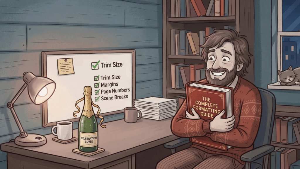 Author celebrating finished book formatting showing trim size, margins, page numbers and scene breaks after completing the stage of what happens after formatting before uploading to Amazon KDP.