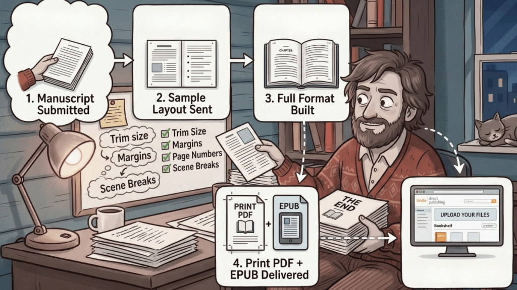 Illustration explaining what happens after formatting a book, showing the process from manuscript submission to sample layout, full formatting, and delivery of print PDF and EPUB files for Amazon KDP.